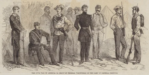 Der Bürgerkrieg in Amerika, eine Gruppe von Freiwilligen im Lager von General Prentiss